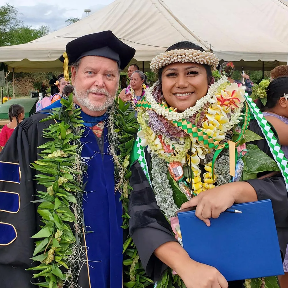 Pulama Lima and Prof. Kirch at the UH Moloka‘i graduation ceremony.